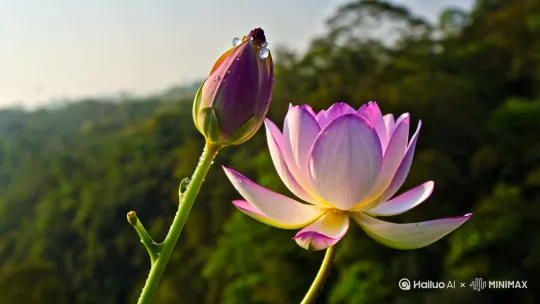 中景镜头
两朵芙蓉花并立枝头，下方主花完全绽放，上方幼蕾半开半合。蝴蝶从左侧掠过，翅膀拍打带起细小水雾，在晨光中形成彩虹光晕。叶片随微风摇曳，露珠沿着叶脉滑落。背景是深浅交错的森林剪影，远处隐约传来鸟鸣声。 by Hailuo AI Video Generator
