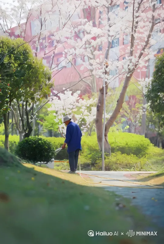 [左移,左摇,推进]校园里，园丁工人在给花草浇水，樱花盛开，画面恬静优美，光影柔和。色彩斑斓的光晕在画面中闪耀。 by Hailuo AI Video Generator