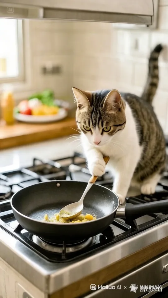 小猫做菜给自己吃 做了黑暗料理 by Hailuo AI Video Generator