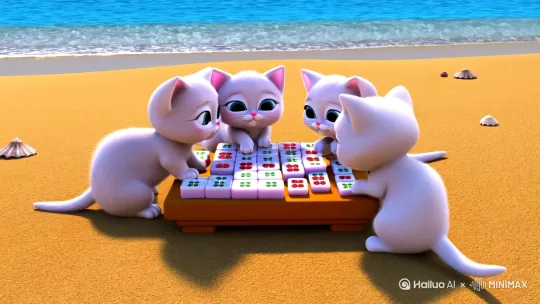 四只小猫在海边打麻将 by Hailuo AI Video Generator