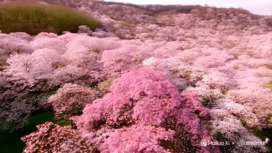 一台穿越机视角，俯拍樱花盛开的季节[左摇,变焦推进] by Hailuo AI Video Generator