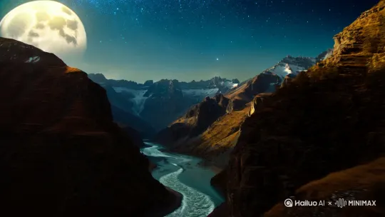 一台穿越机视角，穿越山川、推进河流、左移日月、摆动星辰 by Hailuo AI Video Generator