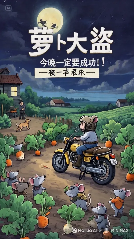 小老鼠骑着么托车转了一圈，快速下次拔起一个大萝卜，飞快的骑上么托车就跑， by Hailuo AI Video Generator