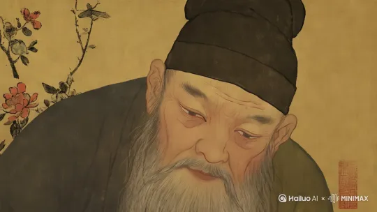 想象一个古代书房，诗人白居易坐在窗边吟诗。偶尔抬头看向窗外的雨，氛围忧郁。使用柔和的蓝调光线，浅景深，焦点在他[左移,右摇,跟随]的表情上。 by Hailuo AI Video Generator