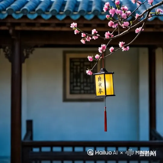 风铃和桃花枝随风摇摆，零星的花叶随风旋转落地 by Hailuo AI Video Generator