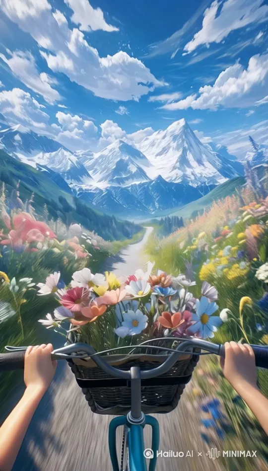 第一视角向前骑行，镜头跟随 by Hailuo AI Video Generator