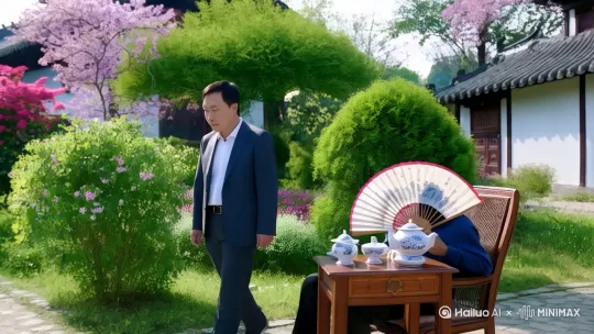 给我生成一幅农村风景图，有花有树，有小院。然后一个老人躺坐在躺椅上，拿着扇子，旁边有一个茶几，放着茶具，悠闲的看着风景，比例是9:16 by Hailuo AI Video Generator