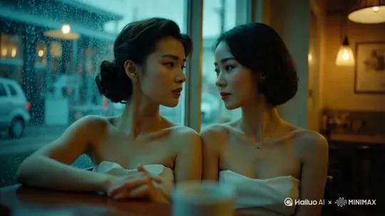 [推出,上升,下摇]，拿起咖啡杯子，干杯，然后她们依偎在一起 by Hailuo AI Video Generator