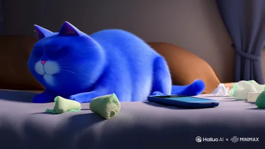 一只蓝色，的胖猫拿着手机，躲在阴暗的房间里，躺在床上，床上有很多用过的卫生纸，一团一团的，蓝色的胖猫看着床上的卫生纸团放下手机，那着床上的纸团嘴里一张一张的好像在说着什么 by Hailuo AI Video Generator
