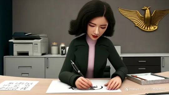苏棠的钢笔尖在方案纸上洇出墨点时，打印机突然嗡鸣，出纸口飘落紫色星砂。她念着甲方“LOGO放大同时缩小”的修改意见，茶水间咖啡机发出钟鸣，涌出光流。青铜门环出现在微波炉表面，司晨鸟浮雕眨眼，水晶钥匙坠落在她掌心。

门后涌出油墨香的风，苏棠的外套变字符披风，高跟鞋成短靴。悬浮会议桌投下星座光斑，被毙掉的创意案在桌面跳舞。星临从PPT幻灯片走出，称苏棠是第一个带未完成诗篇闯入的人。苏棠的钢笔化作青铜权杖，划过之处碎纸机吐出蝴蝶。

星临带苏棠看到创意挣脱束缚的景象，苏棠用咖啡渍画星座，把报表折成机甲，感受创作的快乐。突然，黑雾中涌出西装怪物，拿着被改得面目全非的方案提无理要求。苏棠用权杖护住自己，夭折的灵感化作箭矢攻击怪物。

星临说现实世界在渗入，通道即将关闭，并告知苏棠创界师血脉苏醒，下次见面可能失忆。晨光中，苏棠伏在工位，电脑文档多了星形符号，被否文字跳起圆舞曲。
 by Hailuo AI Video Generator
