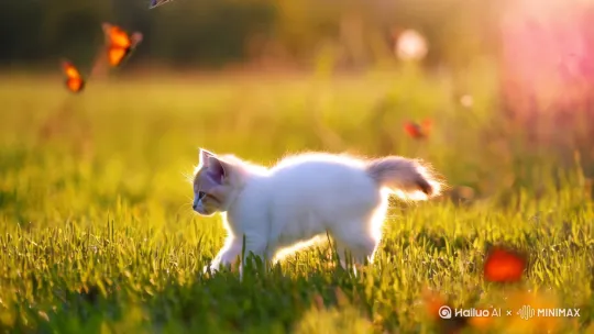 一个小猫在草地上玩耍，捕捉蝴蝶。 by Hailuo AI Video Generator