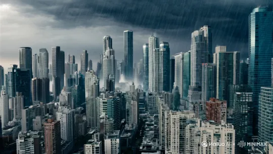 在暴雨雷电交加的全是高楼大厦的城市场景中，汹涌的海啸正在淹没整个城市，场面十分震撼，写实风格，水平旋转镜头拍摄[右移,左摇,跟随] by Hailuo AI Video Generator