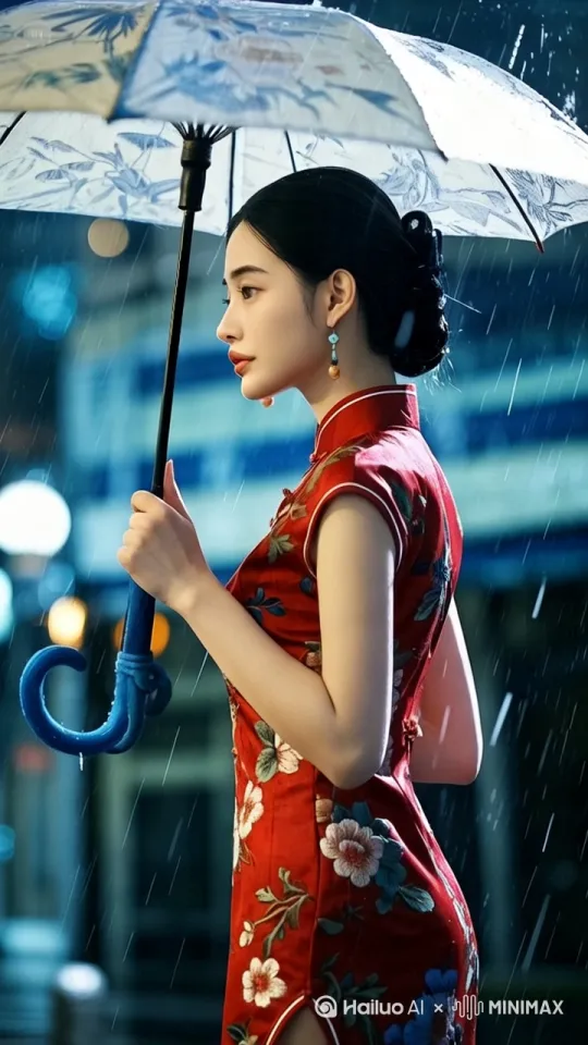 [左移,跟随]旗袍美女打着伞在雨中走着 by Hailuo AI Video Generator