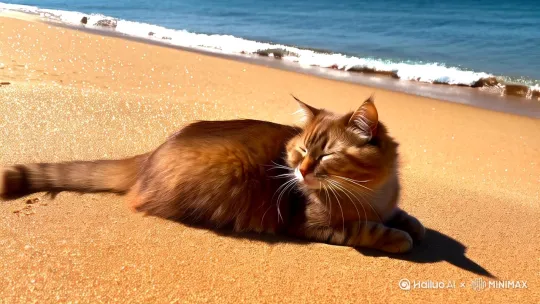 一只憨憨的猫坐在沙滩上晒太阳，旁边放在一瓶椰子水 by Hailuo AI Video Generator