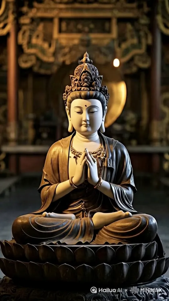 光影在佛像身上移动，产生明暗移动的变化。背景中也产生光影的变化。佛像姿态不变。[推出,上升,下摇][上升,变焦推进] by Hailuo AI Video Generator
