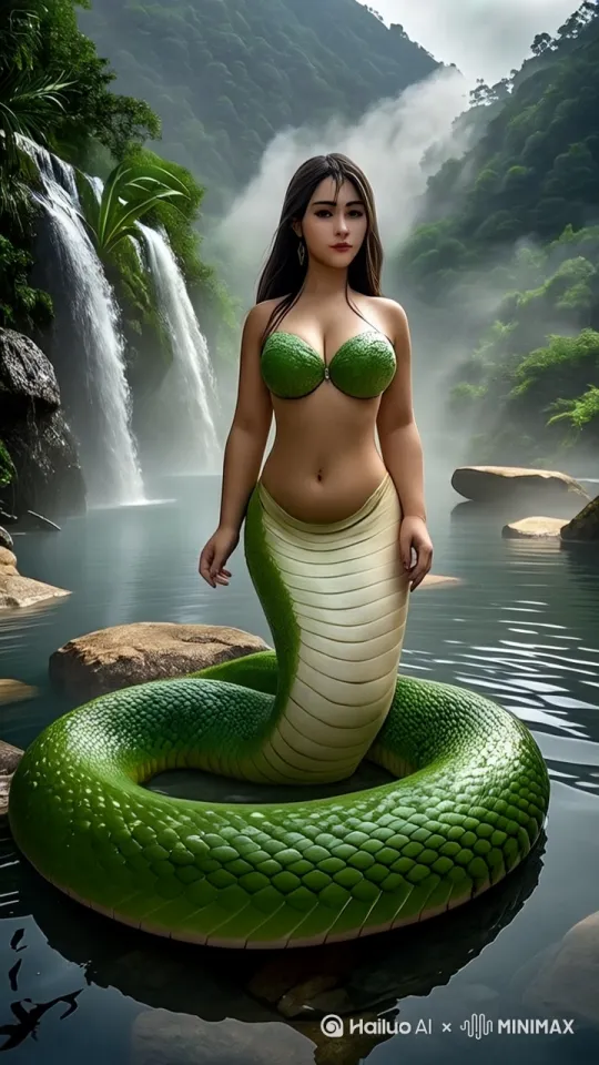 蛇尾慢慢向上抬起，女子的上半身微微后仰 ，长发随着动作飘动，发梢的蛇鳞闪烁。她的面部表情从平静逐渐变得带有一丝沉醉，仿佛在感受温泉的滋养 。雾气不断翻滚，蛇尾的鳞片相互摩擦，发出轻微的声响，整个画面充满了奇幻的动态感 ，展现出从兽到人的奇妙过渡。 by Hailuo AI Video Generator