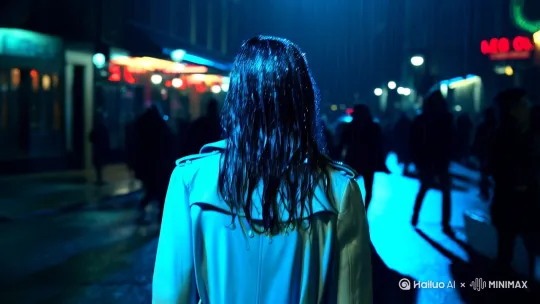 镜头缓慢推近，聚焦在一个身着淡青色风衣的年轻女性背影。镜头特写为头发被雨打湿，雨滴在发丝上折射出酒吧霓虹。镜头切换到夜晚的街道，路灯拉长了行人们的身影。镜头跟随角色的身影一直往前走，路口不同人的剪影穿梭。主角的身影逐渐融入人群和夜色中。画面逐渐模糊，梦境般的氛围弥漫开来。使用电影级的镜头语言和色彩调校，营造出深邃、神秘的氛围，画面色调为冷调蓝灰并掺杂一些霓虹闪烁。 by Hailuo AI Video Generator