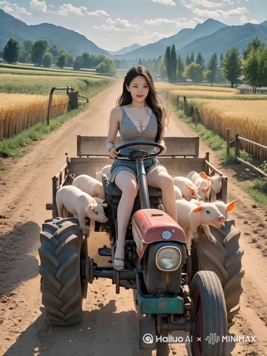 美女开着拖拉机在路上快速行驶，自行车轮胎着火，镜头快速移动，动态跟随 by Hailuo AI Video Generator