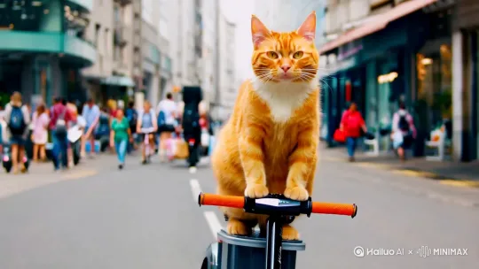 [推进,上升]一只漂亮的橘猫开电动车去买菜。比例:9:16 by Hailuo AI Video Generator
