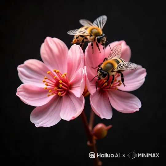 蜜蜂从空中飞落在花蕊上，吸吮花粉。在花朵上爬行。前推运镜成大特写 by Hailuo AI Video Generator