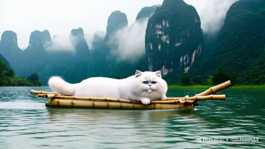 超大白色蓝眼睛波斯猫在桂林漓江滑着竹排，两岸风景如画，突然猫侧面从水中窜出带爪高大的特斯拉怪兽张嘴咆哮身躯扭动 by Hailuo AI Video Generator