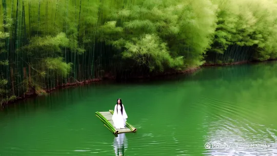 从高空俯视，在一片竹林环抱的绿色湖面，有一个绿色的竹排缓缓驶来，船上站着一位超凡脱俗、沉鱼落雁的长发白衣小姐 by Hailuo AI Video Generator