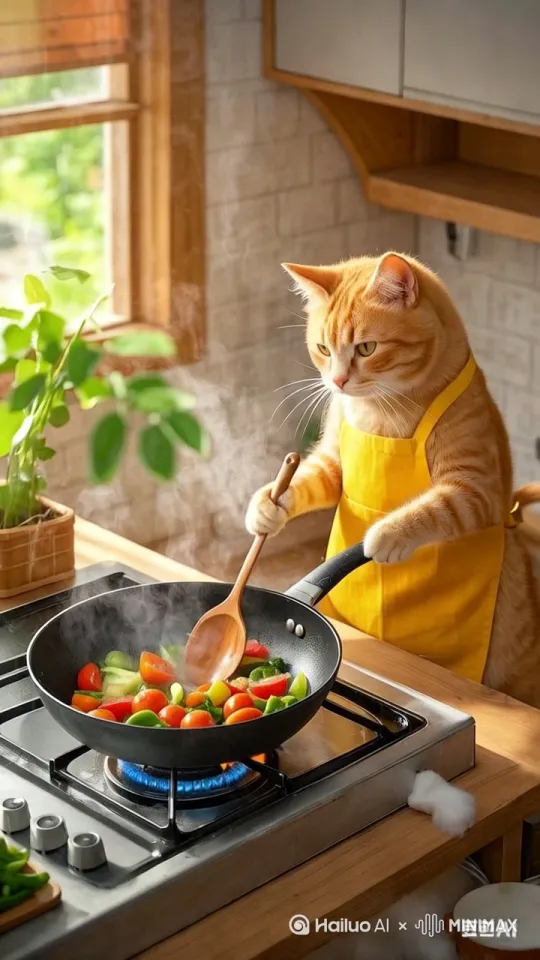 让上面的猫一边炒菜一边扭动它的小腰还哼着小曲儿 by Hailuo AI Video Generator