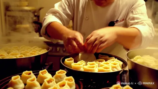一个厨师看见他整个人🧑‍🍳在厨房里做手工小笼包，颜色食欲大增，一然后的锅子热气腾腾在蒸小笼包，真实写照， by Hailuo AI Video Generator