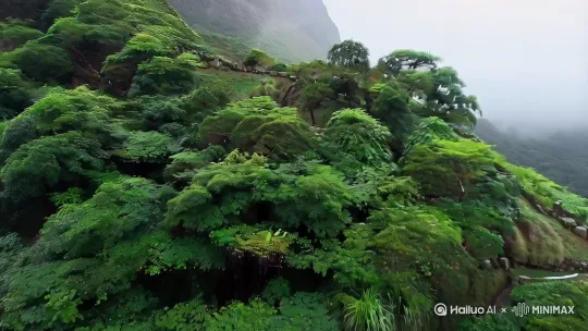 [推出,上升,下摇] 
   - **镜头**：无人机俯拍雨后群山，雾气缭绕，树叶滴落水珠特写，远景穿插湿漉漉的青石板路。  
   - **色彩**：冷色调为主，加强青绿与灰白的对比，突出"空山"的清新感 by Hailuo AI Video Generator