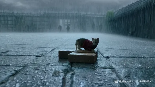 一个小猫，衣着破烂，在艰难搬砖，而且还在下着雨 by Hailuo AI Video Generator