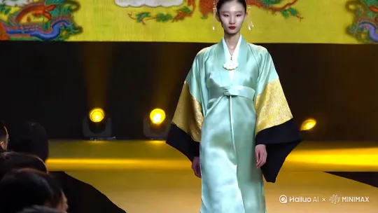 一位仪态万千的模特身着浅青色丝绸曲裾深衣，迈着轻盈步伐踏上T台。三重衣领层层交叠，尽显古朴韵味，袖口处黑边金丝云纹精致华丽，随着模特手臂摆动，仿若灵动的云纹在游走。腰间悬挂的白玉组佩，相互碰撞，发出清脆悦耳的声响。
模特将发髻高高挽起，鎏金步摇点缀其中，每一步都带动步摇上的坠饰摇曳生姿。胭脂晕染眼尾，双眸顾盼生辉，尽显自信风采。
走秀台被暖黄的追光灯照亮，周围暗场形成鲜明对比。T台背景以古朴汉风图案为装饰，融入云纹、龙纹等经典元素，营造出浓厚的文化氛围。 by Hailuo AI Video Generator
