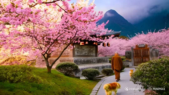 **提示词：**  
"春日的山脚下，一座古朴的禅寺被盛开的桃花林环绕，粉白色花瓣随风飘落。石阶小路蜿蜒穿过花海通向寺院山门，一位穿素衣的僧人正低头行走，身旁跟着一只慵懒的黄狗。远处青山如黛，晨雾轻笼，寺院飞檐下悬挂铜铃，朱红木门半掩。近景特写桃花枝桠与寺院斑驳的石墙，光线柔和如油画质感，风格宁静治愈，充满东方禅意与自然生机。"  

**可调整的细节：**  
- **时间氛围**：可替换为"黄昏暖光"或"雪中冬日寺院"。  
- **人物活动**：如"香客驻足赏花"或"小沙弥清扫落花"。  


需要突出某些元素（如桃花密度、建筑细节）可进一步补充说明。图片比例16:9，图片越真实越好。人物越真实越好。 by Hailuo AI Video Generator