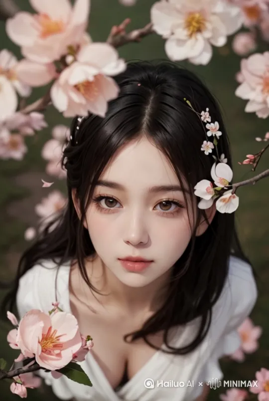 鸟瞰整个梨园美景[推出,上升,下摇] by Hailuo AI Video Generator
