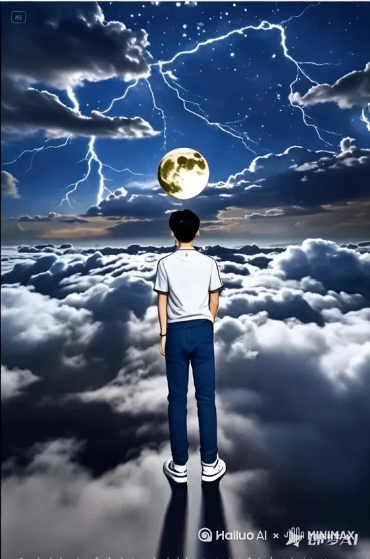 快速高空跟踪镜头移动，无人机视角一个超现实的高速梦境序列，男子如仙人般飞向空中，轻松在空中滑行，双臂向两侧伸展，头部向前，捕捉平滑水平飞行的感觉。头发、衣服随风摇摆，相机紧密跟踪，相机从略高位置的俯视角度紧密跟踪从左后方向右后方移动，随着角色迅速穿越场景。环境动态变化，下方是云海，运动模糊和光迹强化了速度感与流畅性。快速移动。 by Hailuo AI Video Generator