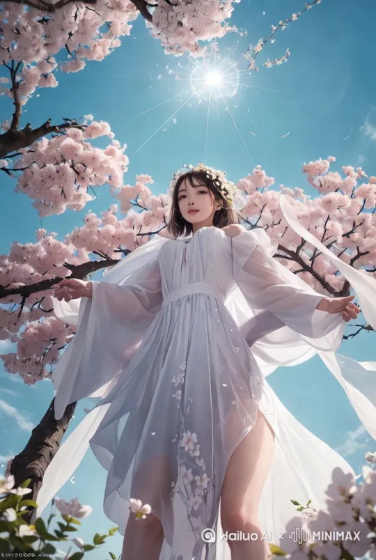 [推进,上升]美女展颜一笑，花瓣飞舞。 by Hailuo AI Video Generator