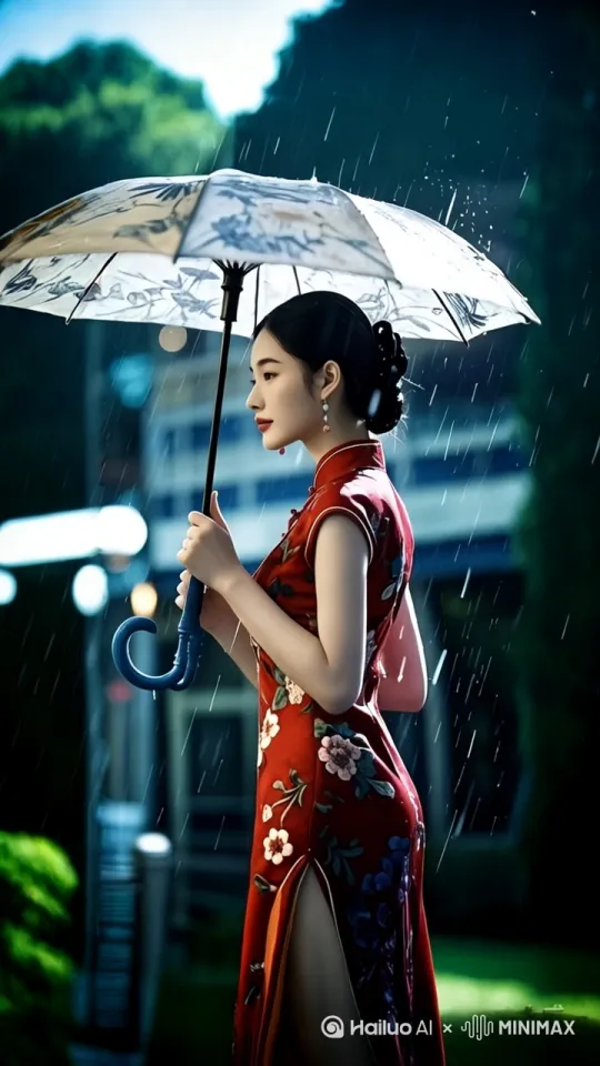 [左移,跟随]旗袍美女打着伞在雨中走着 by Hailuo AI Video Generator