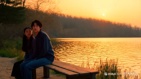 画面描述：  
夕阳的余晖洒在湖面上，波光粼粼。湖边的长椅上，坐着一对年轻的情侣。女孩（小雅）静静地坐着，男孩（小宇）深情地看着她，眼中充满了不舍。

镜头：  
从湖面缓缓拉近，聚焦在长椅上的两人。镜头从侧面拍摄，展现两人的表情和动作。

音效：  
轻柔的风声，湖水轻轻拍打岸边的声音，背景音乐是缓慢而抒情的钢琴曲。 by Hailuo AI Video Generator
