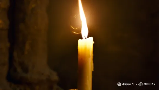 一只蜡烛被风吹灭后重新点燃，随后烛光后面出现一双黑豹的眼睛，跳过蜡烛慢慢向镜头走来。 by Hailuo AI Video Generator