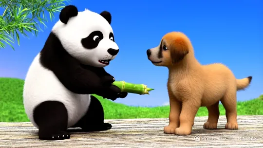 一只可爱的小熊猫，碰到一只小狗，它把竹笋喂小狗，小狗不吃，小熊猫问它，这么好吃的美食，你为什么不吃？ by Hailuo AI Video Generator