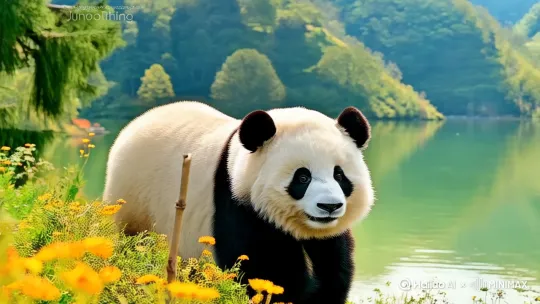 大熊猫悠闲自在的在牡丹江镜泊湖景区游玩。 by Hailuo AI Video Generator