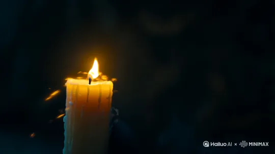 一只蜡烛被风吹灭后重新点燃，随后烛光后面出现一双黑虎的眼睛，跳过蜡烛慢慢向镜头走来。 by Hailuo AI Video Generator