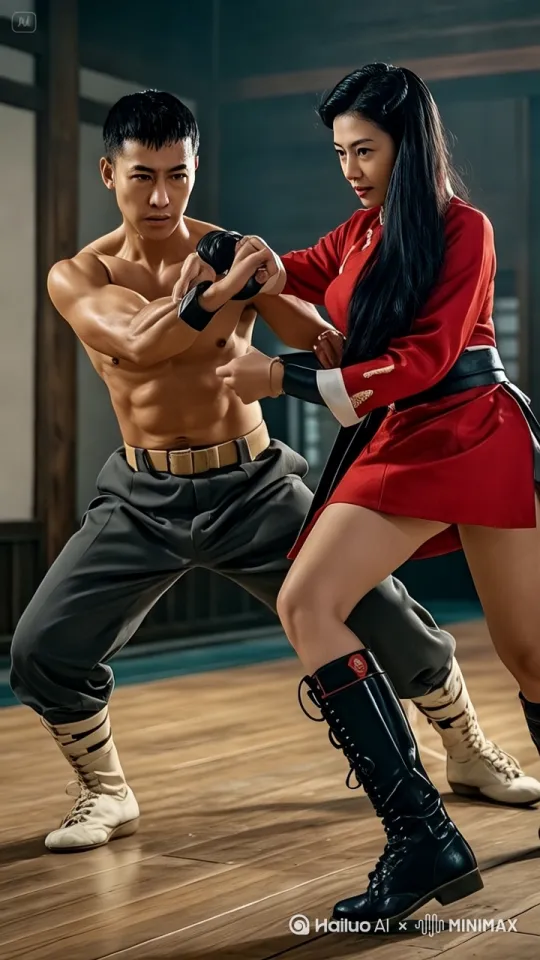 男人用太男人用太极八卦掌打女人的肩，女人用双拳左右开弓打向男人的胸口，激烈交锋，两个人快速转圈，激烈对打，迅猛出招，两个人都惨叫，连连口喷鲜血 by Hailuo AI Video Generator