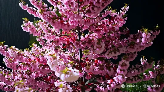大师作品，海棠花，白色的粉色的红色的，一串的海棠花，像风铃，花瓣有露珠，娇艳欲滴，彩色炫染，细雨绵绵，高清，真实画面黑色背景，留出三个字的位置。图片尺寸9：16 by Hailuo AI Video Generator