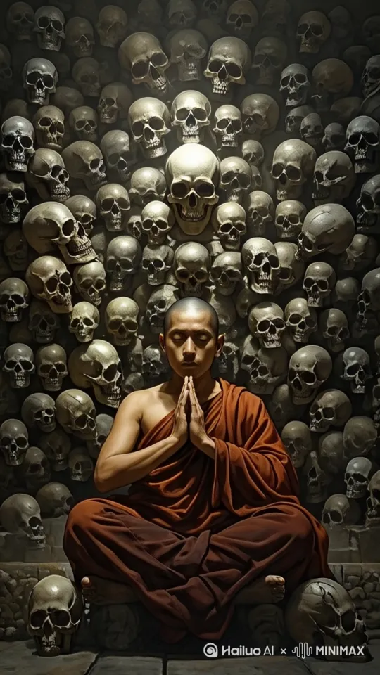 [推出,上升,下摇]人物突然睁开眼睛，张开双手，金光从人物身后突然四散射出，所有的骷髅头都被金光击碎 by Hailuo AI Video Generator