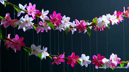 大师作品，海棠花，白色的粉色的红色的，一串的海棠花，像风铃，花瓣有露珠，娇艳欲滴，彩色炫染，细雨绵绵，高清，真实画面黑色背景，留出三个字的位置。图片尺寸9：16 by Hailuo AI Video Generator