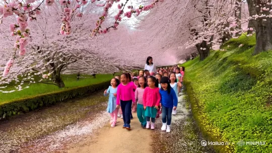 老师带着孩子们穿行在桃花林里，万千桃花纷纷扬扬，孩子们一路欢歌笑语。 by Hailuo AI Video Generator