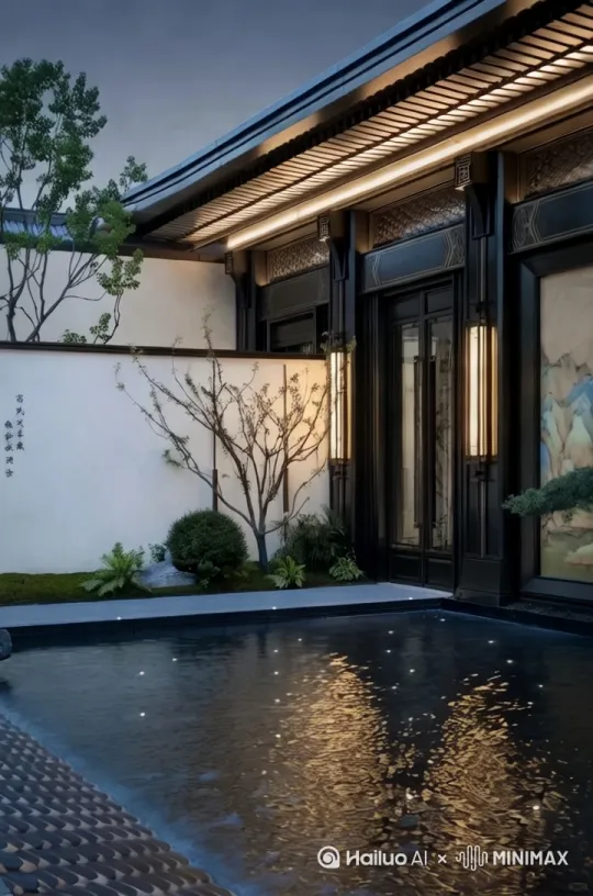 一栋新宋式四进庭院，在有山有水的城市中傲然屹立，闹中取静，远处是城市喧嚣，近处是庭院的小桥流水般的悠然自得 by Hailuo AI Video Generator