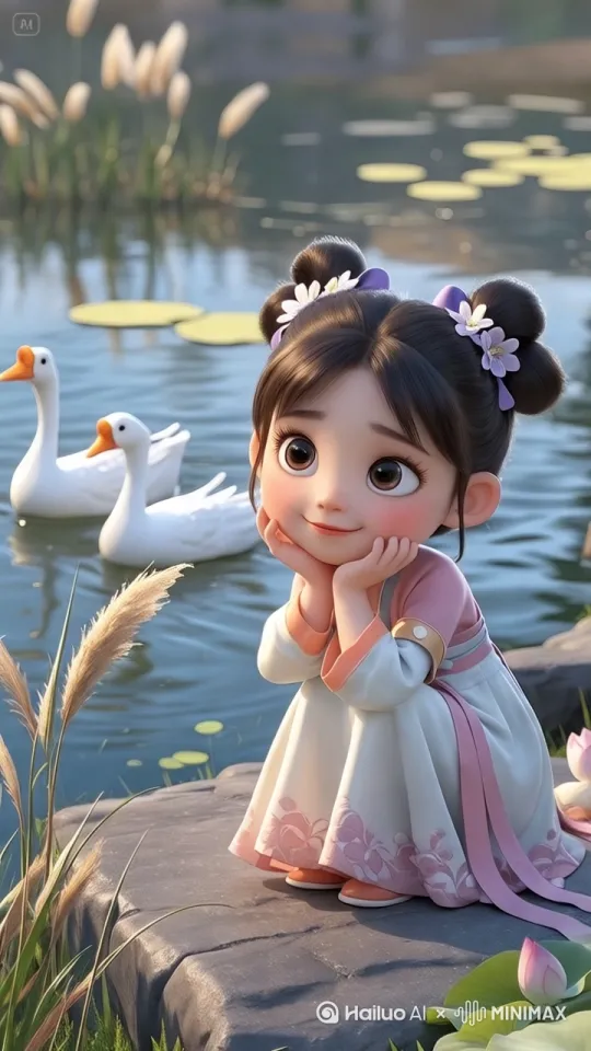 [拉远]
一个五岁中国古代小女孩（3D卡通皮克斯风格，双发髻插淡紫与白花，齐刘海）蹲在青石岸边，双手托腮望向湖面，眼睛睁大充满好奇。画面左侧三只白鹅从芦苇丛中游出，水波微漾，鹅群与她视线平行。特写：她睫毛颤动时发髻上的花瓣随风轻摇，藕荷色短襦的云纹刺绣在阳光下泛金边，月白裙摆铺散在石面上，粉色花边与水中倒影相映。 by Hailuo AI Video Generator