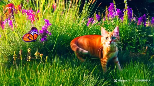 一只橘黄色的小猫一只小猫在扑蝴蝶，周围有花和草 by Hailuo AI Video Generator