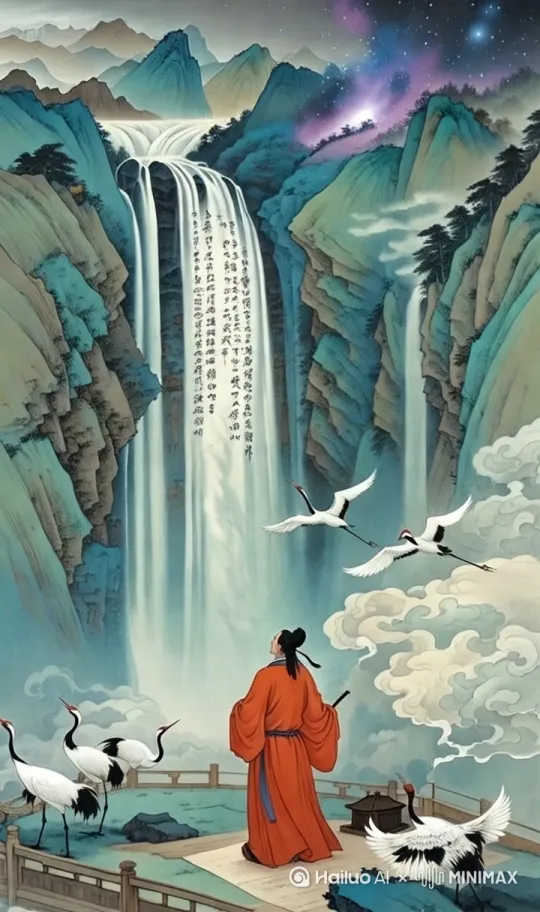 "镜头从瀑布底部45度角螺旋上升，青绿山体呈现裸眼3D景深效果，李白衣袖被气浪吹动加速，水雾中出现半透明仙鹤残影[cloud_simulation][sunbeam_cycle]，突然有发光诗句碎片向上飞溅，结尾镜头急速拉升显现金色题跋印章--ar 9:16 --video 18s --motion 8 --mblur 0.7" by Hailuo AI Video Generator